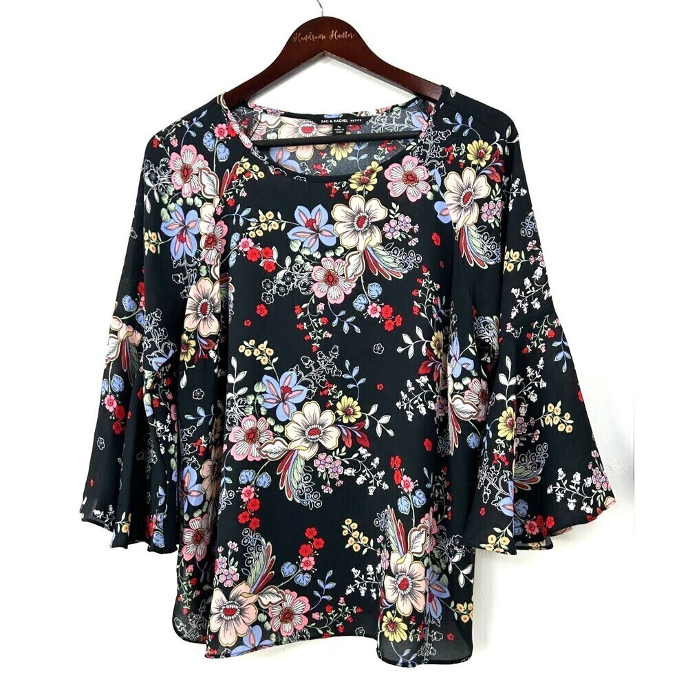 Zac & Rachel Womens Black Floral Round Neck Bell Sleeve Sheer Blouse PL 1140U4 - Picture 5 of 12